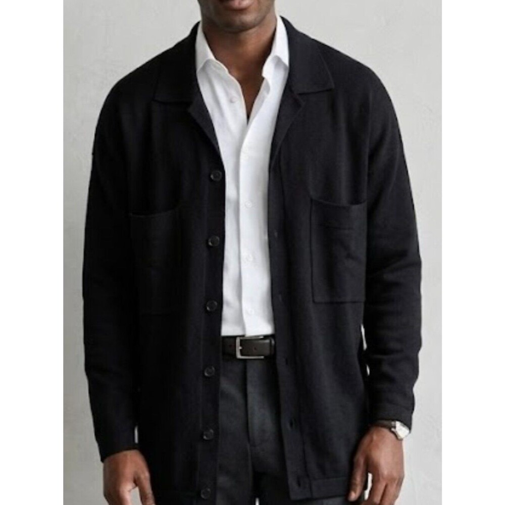 Zara Men Black Knit Collared Button Front Cardigan Sweater Patch Pockets L